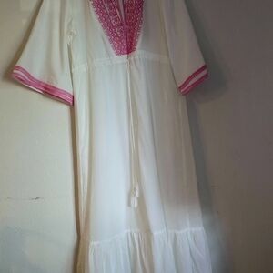 Elegant White and Pink Embroidered Maxi Dress